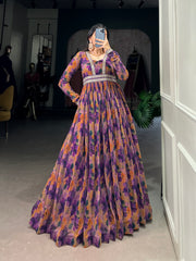 Elegant Purple Floral Georgette Gown with Lace Detailing