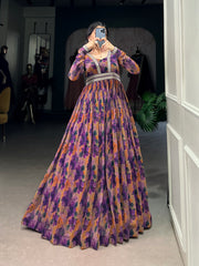 Elegant Purple Floral Georgette Gown with Lace Detailing