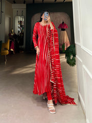Red Leheriya Georgette Gown with Dupatta – Festive Elegance with Lace Touch-Up
