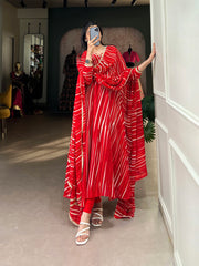 Red Leheriya Georgette Gown with Dupatta – Festive Elegance with Lace Touch-Up