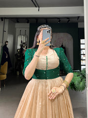 Green Silk Printed Gown With koti