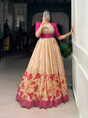 Pink Color Silk Printed Gown With koti