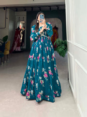 Floral Print Firozi Georgette Gown with Dupatta