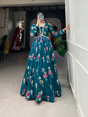 Floral Print Firozi Georgette Gown with Dupatta