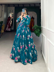 Floral Print Firozi Georgette Gown with Dupatta