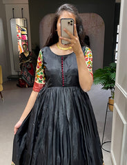 Black Pure Dola Silk Long Floor Length Printed With Foilwork Readymade Gown