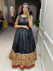 Black Pure Dola Silk Long Floor Length Printed With Foilwork Readymade Gown