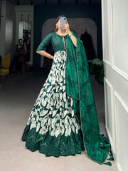 Green Color Tussar Silk Floral Printed Work Gown