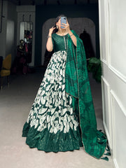 Green Color Tussar Silk Floral Printed Work Gown