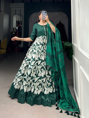 Green Color Tussar Silk Floral Printed Work Gown