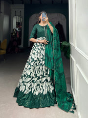 Green Color Tussar Silk Floral Printed Work Gown