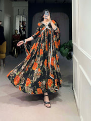 Orange Color Long Floral Gown