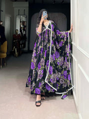 Black And Purple Color Floral Printed Georgette Gown