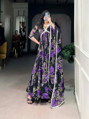 Black And Purple Color Floral Printed Georgette Gown
