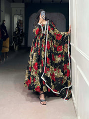 Attractive Red Floral Print Georgette Traditional Gown With Dupatta