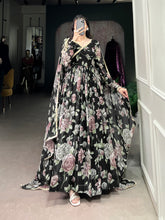 Black Pure Marbel Georgette Long Floral Print Readymade Gown