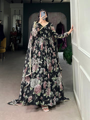 Black Pure Marbel Georgette Long Floral Print Readymade Gown