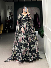 Black Pure Marbel Georgette Long Floral Print Readymade Gown