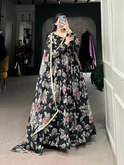 Black Pure Marbel Georgette Long Floral Print Readymade Gown