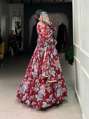 Maroon Sculpted Beauty Floral Print Marbel Gown