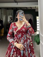 Maroon Sculpted Beauty Floral Print Marbel Gown