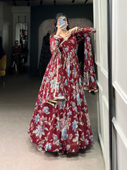 Maroon Sculpted Beauty Floral Print Marbel Gown