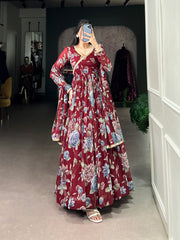 Maroon Sculpted Beauty Floral Print Marbel Gown