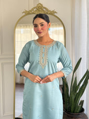 Embroidered Chanderi Silk Pakistani Suit in Sky Blue