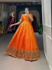 Orange Jacquard Silk Paithani Gown
