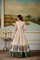 off-White Kalamkari Print Silk Gown With Green Jacket