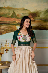 off-White Kalamkari Print Silk Gown With Green Jacket