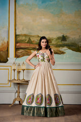 off-White Kalamkari Print Silk Gown With Green Jacket