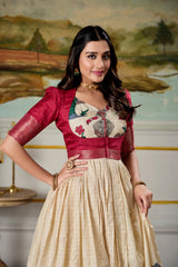 Red Color Dola Silk Kalamkari Gown With koti