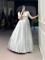 Kanjivaram Long Party Wear Gown With Koti For Girls