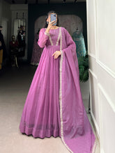 Elegant Purple Color Silver Glory Hotfix Sequins Thread Work Gown