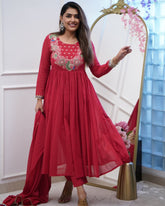 Red Embroidered Chinnon Salwar Kameez