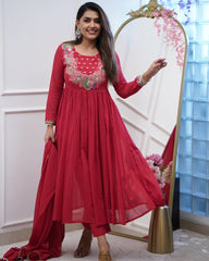 Red Embroidered Chinnon Salwar Kameez