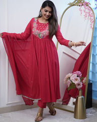 Red Embroidered Chinnon Salwar Kameez
