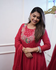 Red Embroidered Chinnon Salwar Kameez