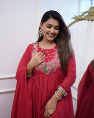 Red Embroidered Chinnon Salwar Kameez