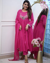 Rani Pink Embroidered Chinnon Salwar Kameez