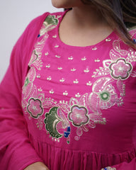 Rani Pink Embroidered Chinnon Salwar Kameez