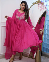 Rani Pink Embroidered Chinnon Salwar Kameez