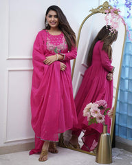 Rani Pink Embroidered Chinnon Salwar Kameez