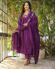 Women Embroidered A-Line Kurta Set with Dupatta