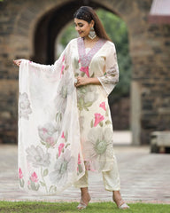 Exclusive Party Wear Embroidered white Kurta Pant Dupatta Set for Women's and Girl's
