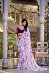 Lavender Moonga Silk Floral Print Saree