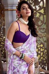 Lavender Moonga Silk Floral Print Saree