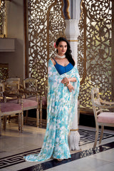 Moonga Silk Sky Blue Daily Wear Floral Print Saree