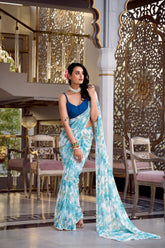 Moonga Silk Sky Blue Daily Wear Floral Print Saree